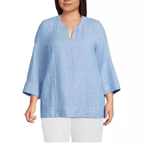 Lands' End Tops - Lands End Coastal Grandma Linen Blend Blue Split Neck Tunic Size XXL